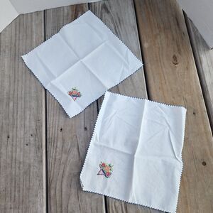 2 Vintage Cotton Handkerchief Hankie Embroidered Cross Stitch w/Flower Bouquet